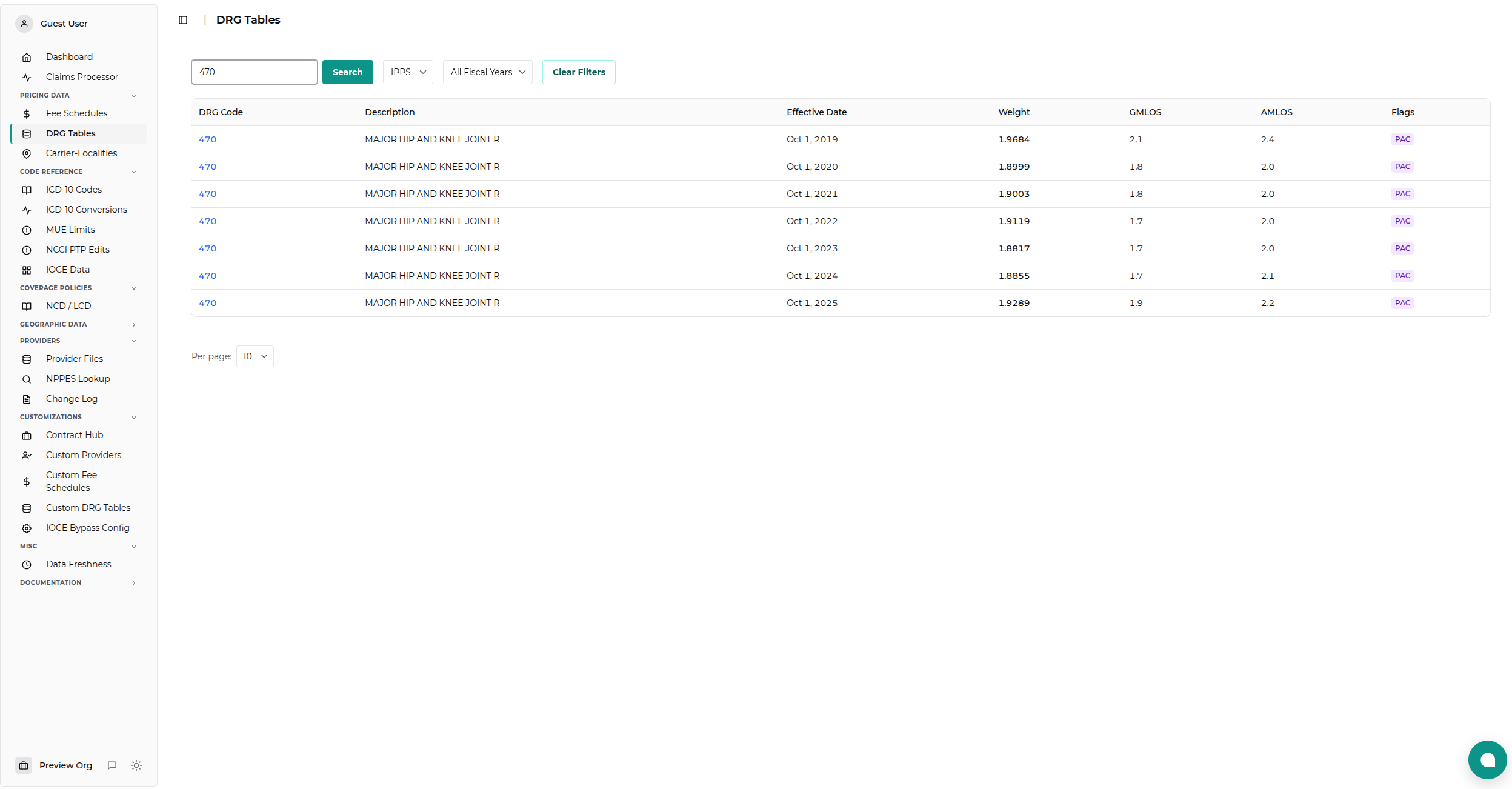 DRG Tables Viewer Search Results