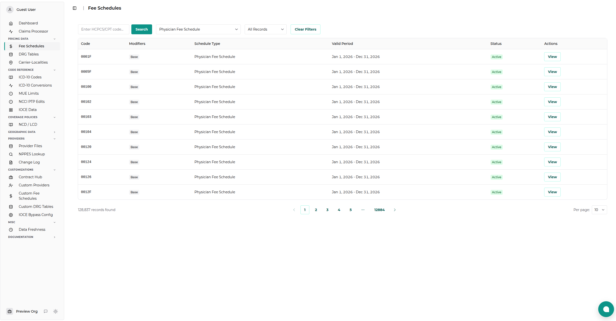 Fee Schedule Viewer Main View