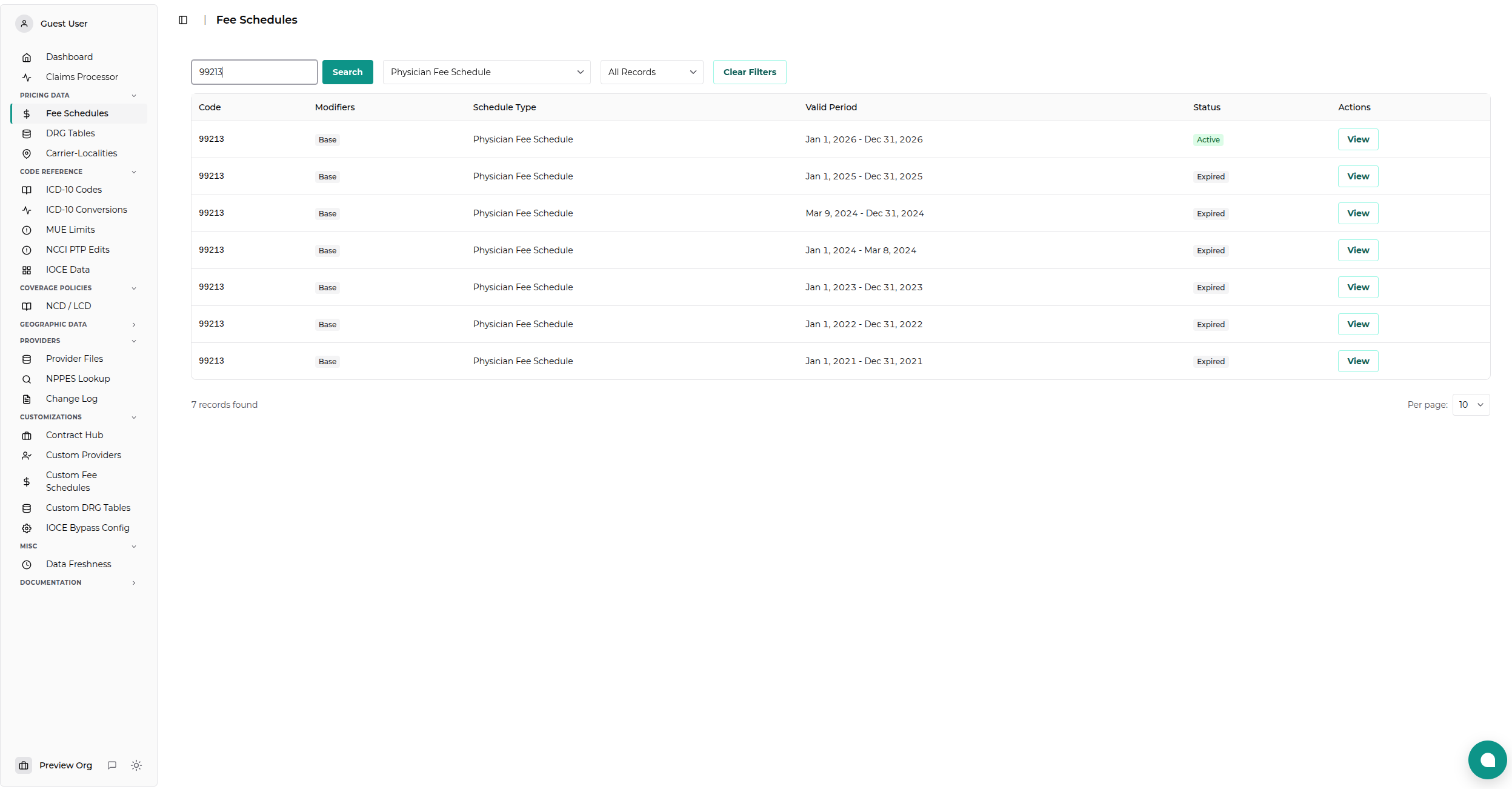 Fee Schedule Viewer Search Results