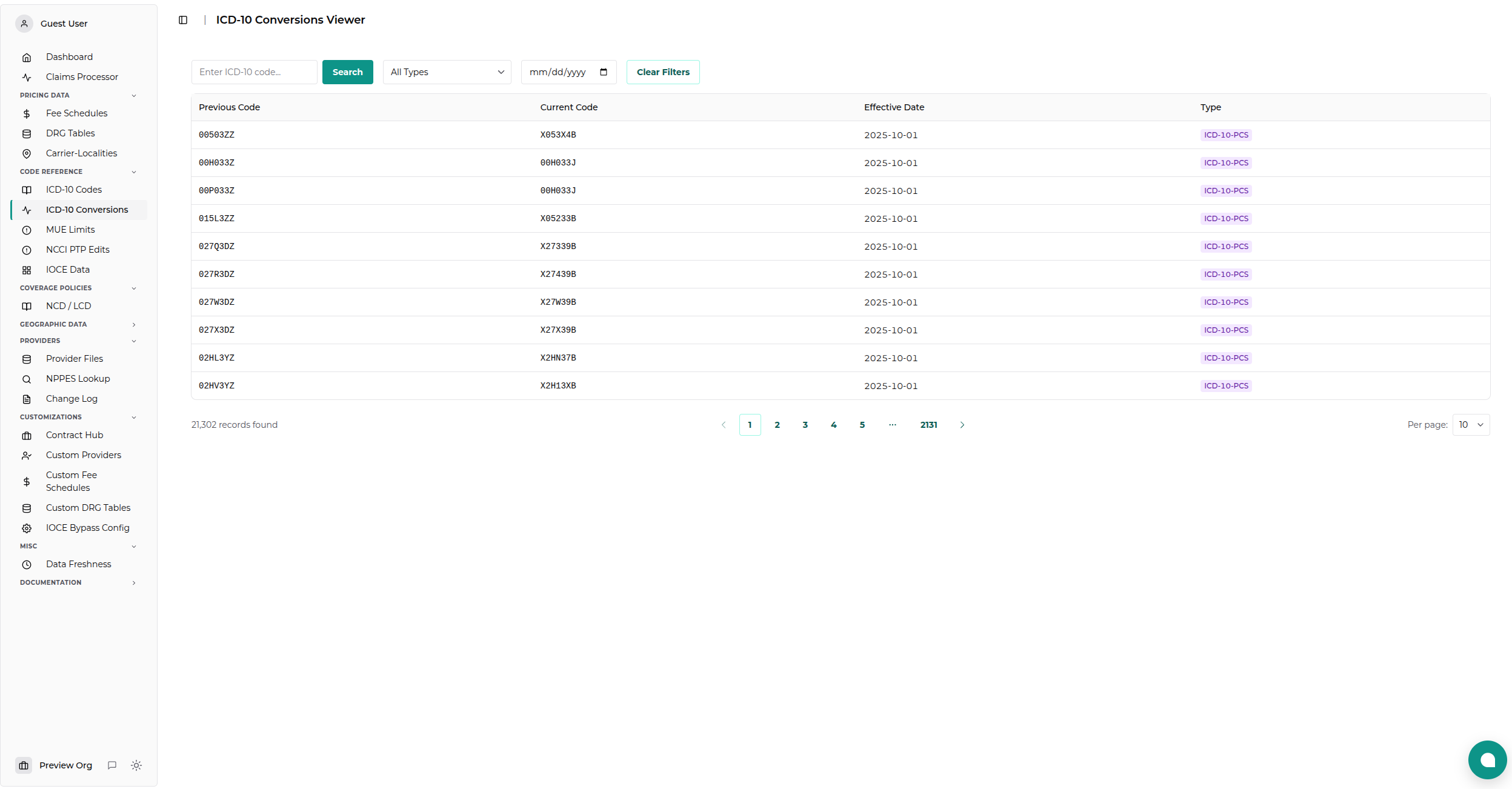 ICD-10 Conversions Main View