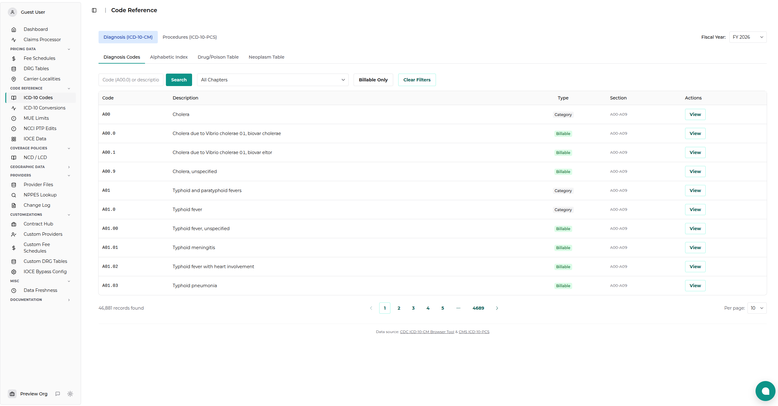 ICD-10 Code Reference Main View