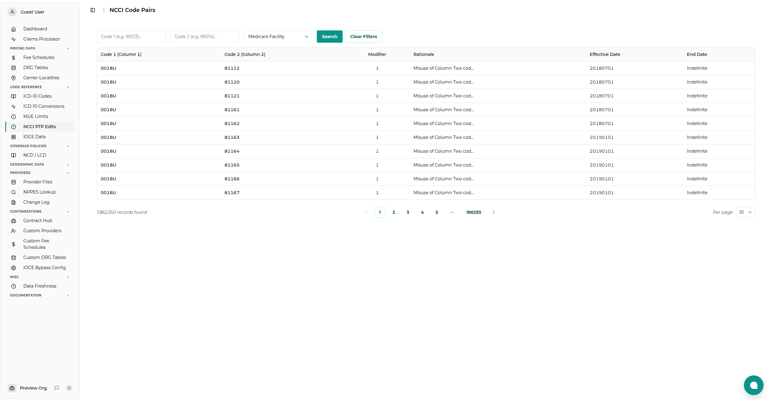 NCCI PTP Viewer Main View