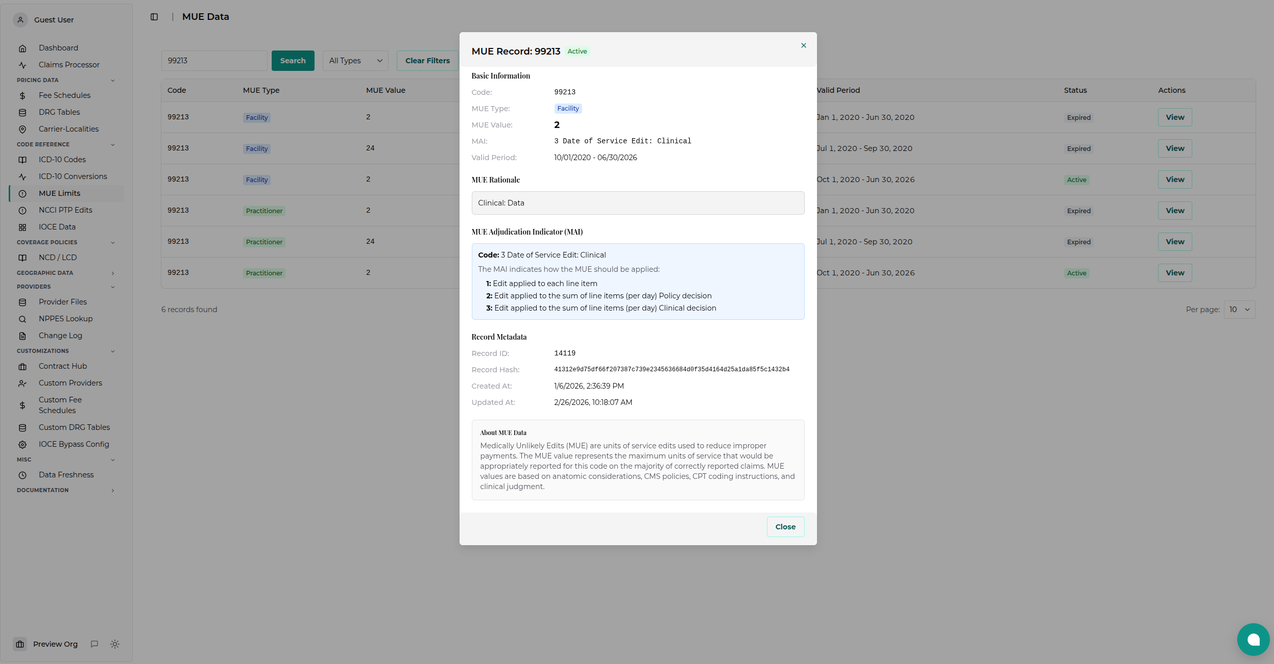 MUE Data Viewer Record Details