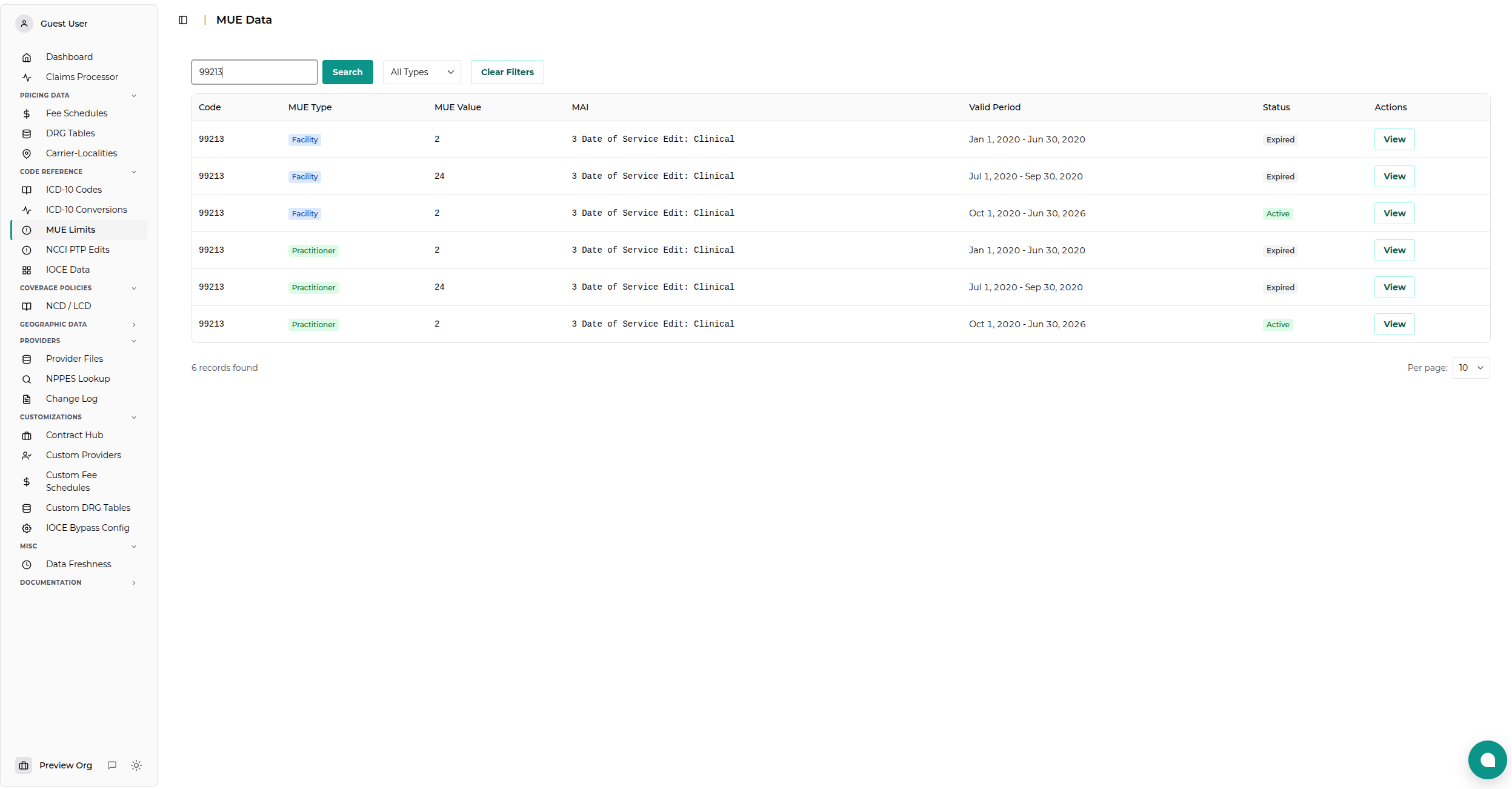 MUE Data Viewer Search Results