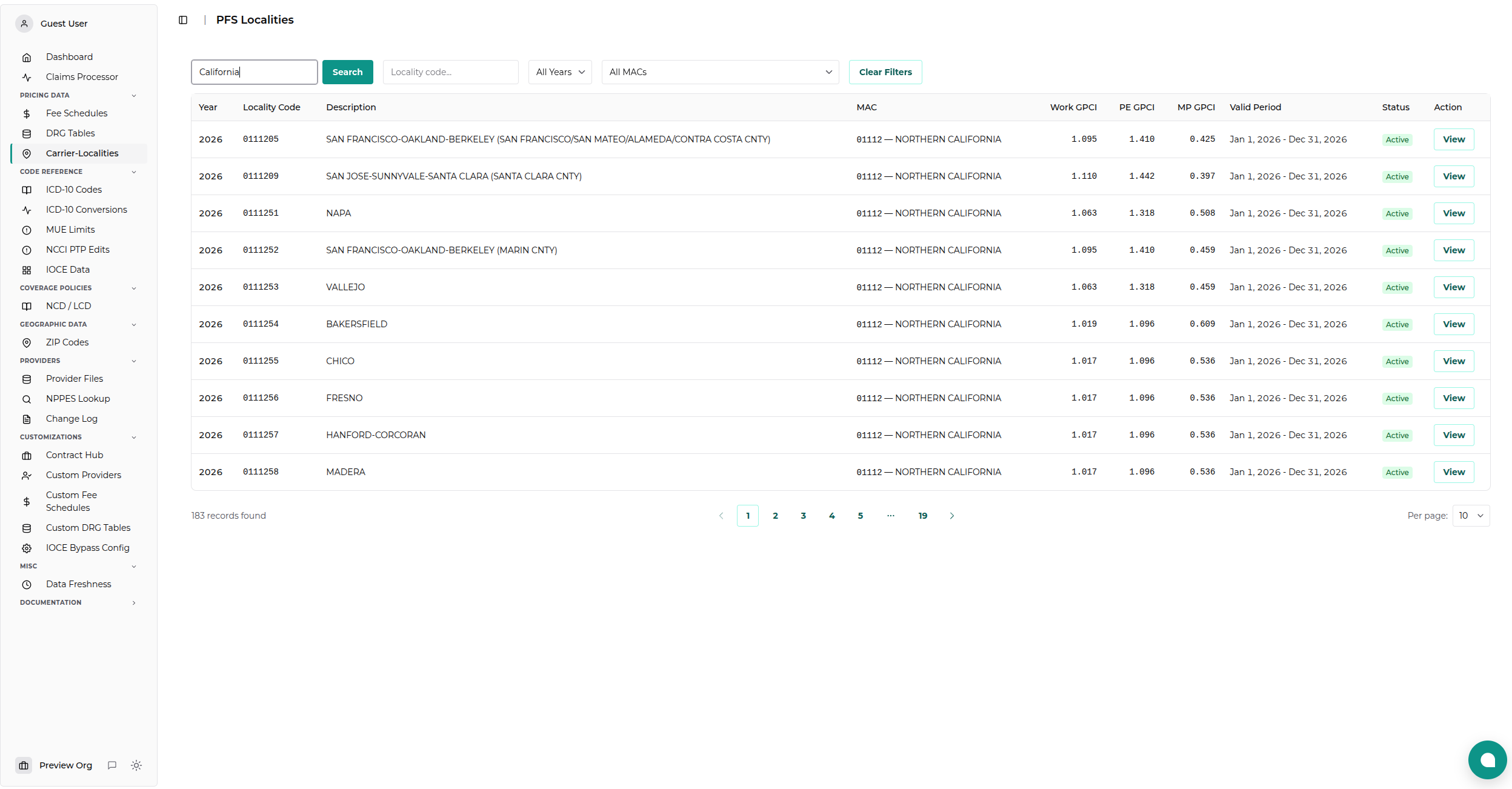 PFS Localities Viewer Search Results